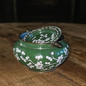Vintage Cloisonne Incense Burner Chinese Ashtray Flipping Lid Green Floral